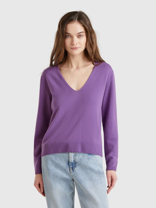 Camisola decote em V em pura lã Merino Mulher