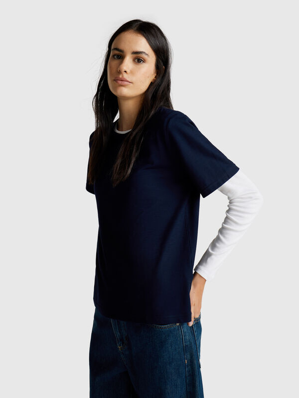 T-shirt de gola redonda em algodão flamé Mulher