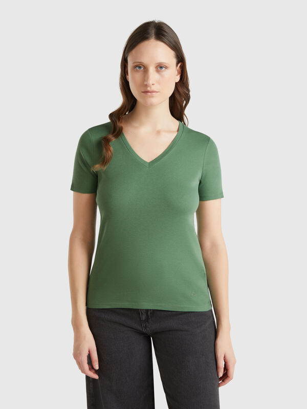 T-shirt verde floresta em algodão puro com decote em V Mulher