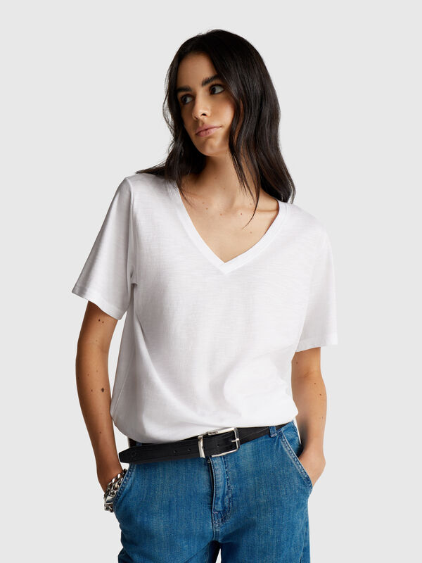 T-shirt decote em V em algodão flamé Mulher