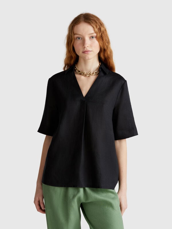 Blusa de manga curta em linho puro Mulher