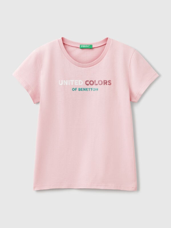 T-shirt com logótipo glitter em algodão Menina