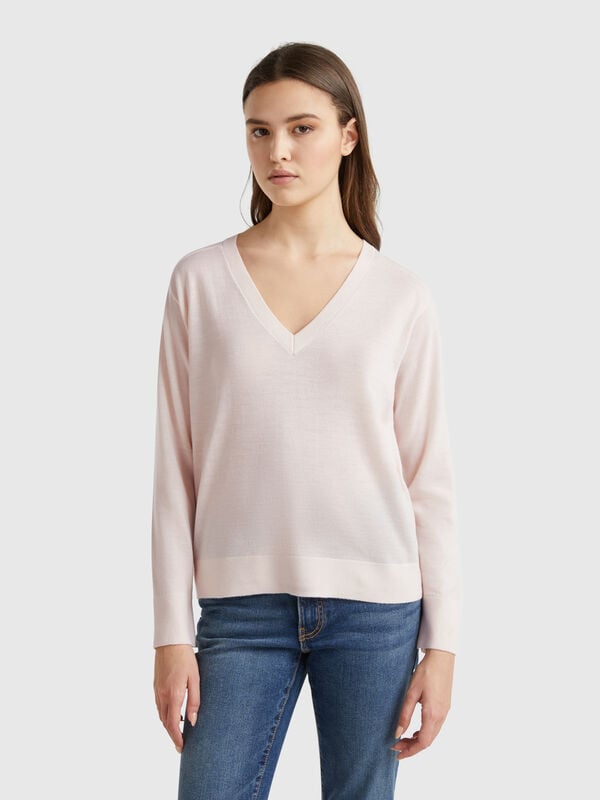 Camisola com decote em V em pura lã Merino Mulher