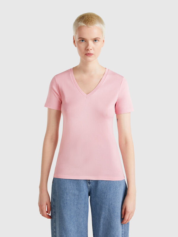 T-shirt rosa em algodão puro com decote em V Mulher