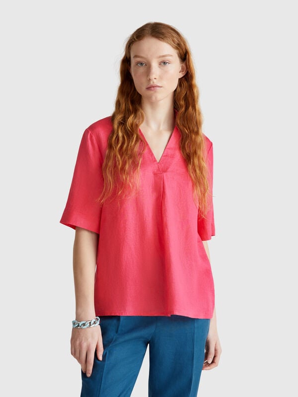 Blusa de manga curta em linho puro Mulher