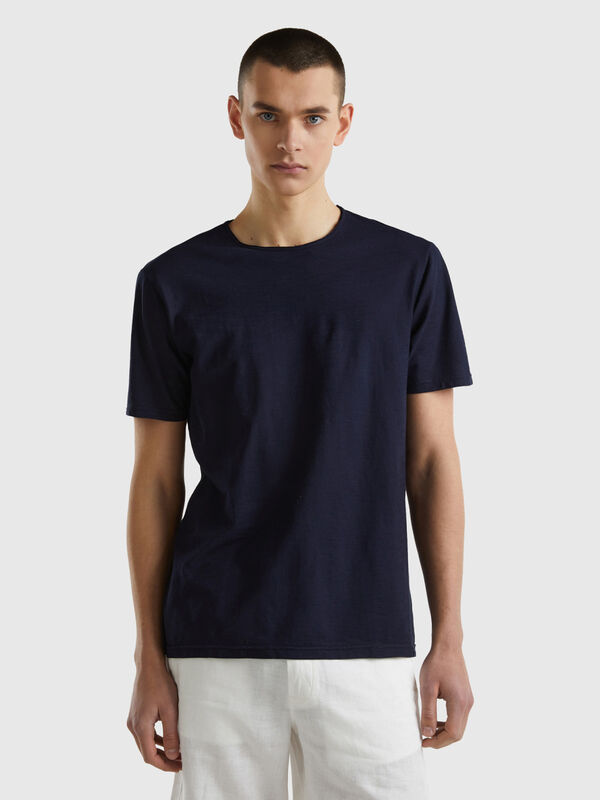 T-shirt azul-escuro em algodão flamé Homem