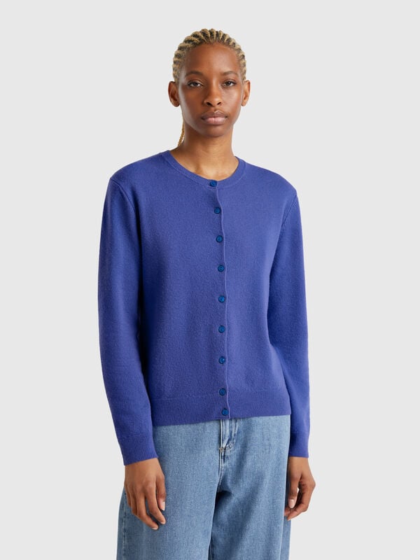 Cardigã de gola redonda bluette em pura lã Merino Mulher