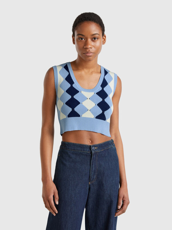 Colete cropped com intársia aos losangos Mulher