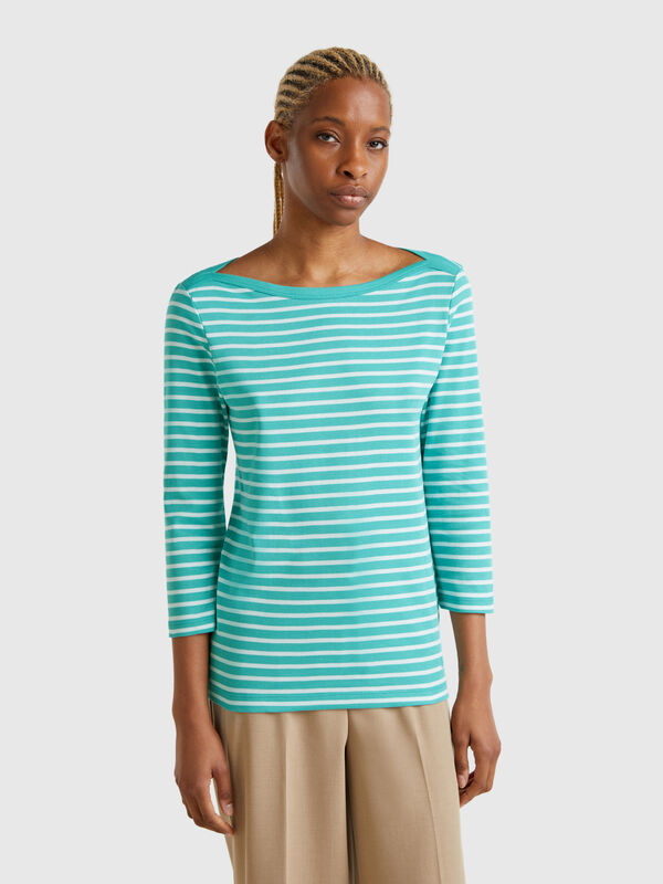 T-shirt 3/4 às riscas em algodão puro Mulher