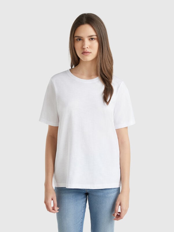 T-shirt de gola redonda em algodão flamé Mulher
