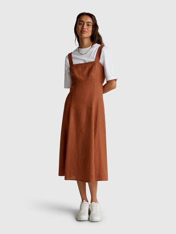 Vestido decote quadrado em linho puro Mulher