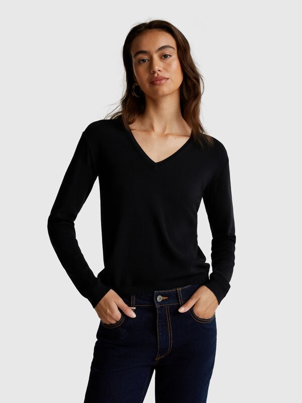 Camisola com decote em V em algodão puro Mulher