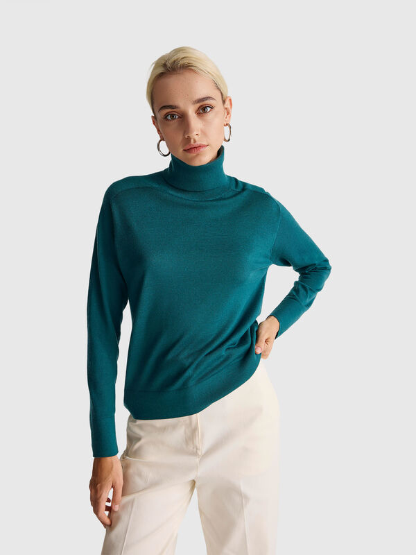 Camisola de gola alta em pura lã Merino Mulher