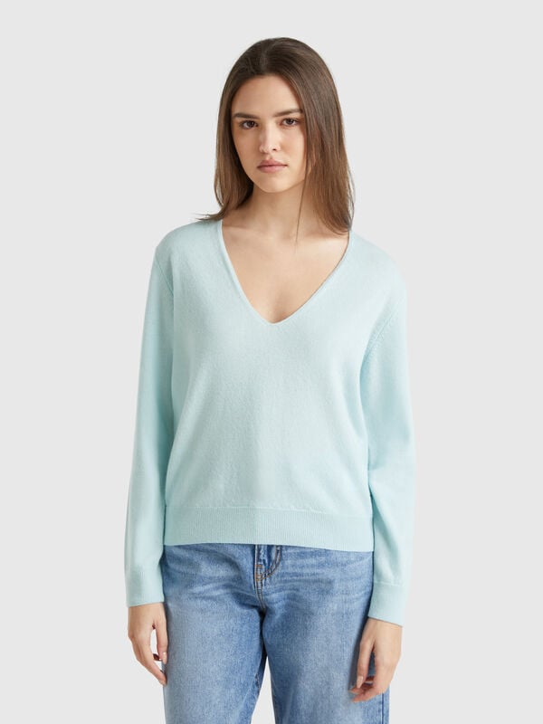 Camisola decote em V em pura lã Merino Mulher