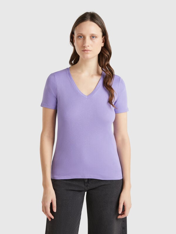 T-shirt pervinca em algodão puro com decote em V Mulher