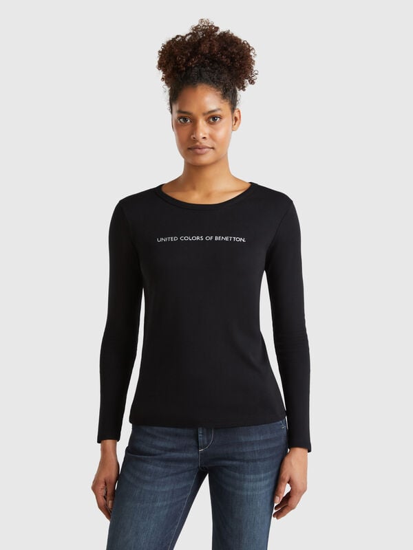 T-shirt azul-escuro de manga comprida 100% algodão Mulher