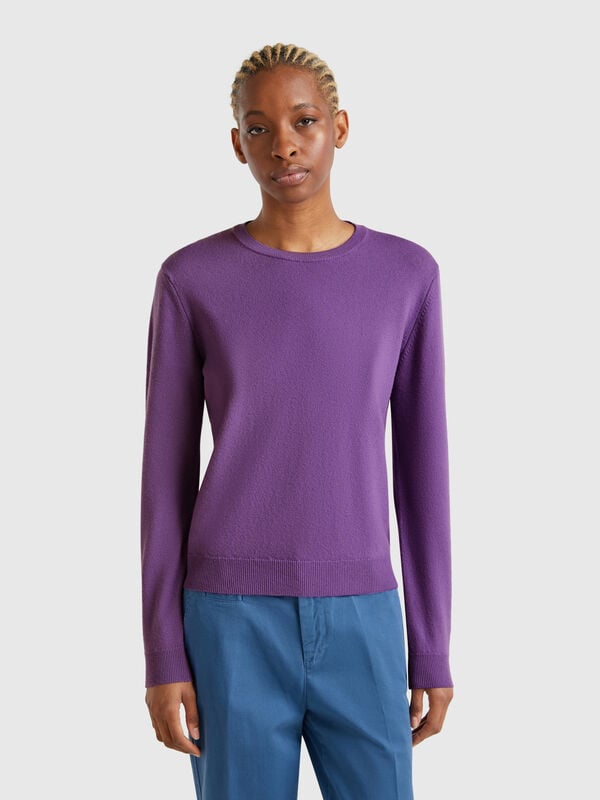 Camisola de gola redonda violeta em lã Merino Mulher
