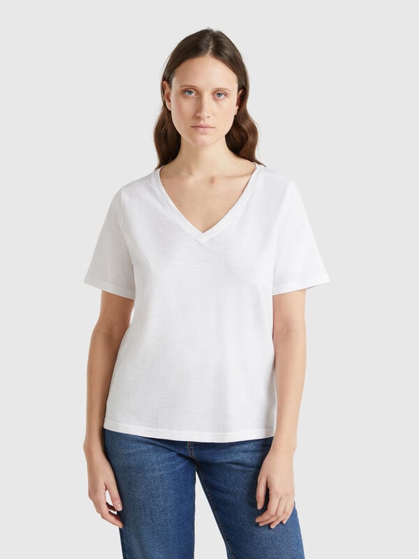 T-shirt decote em V 100% algodão flamé Mulher