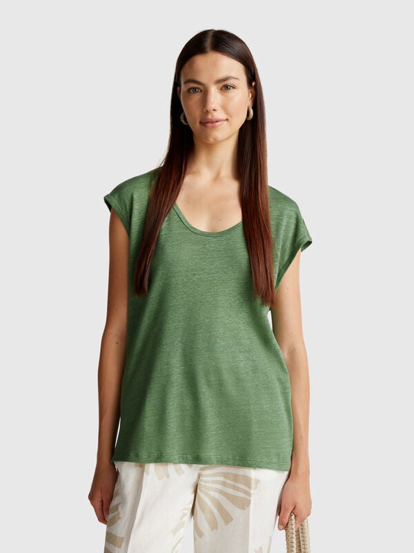 T-shirt decote amplo em linho puro Mulher