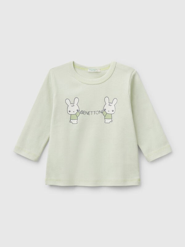 T-shirt de manga comprida em algodão canelado. Recém-nascido