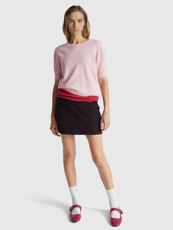 Camisola de manga curta rosa em pura lã Merino Mulher
