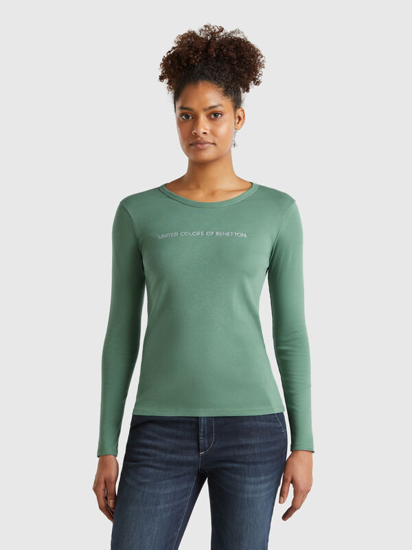 T-shirt verde floresta de manga comprida 100% algodão Mulher