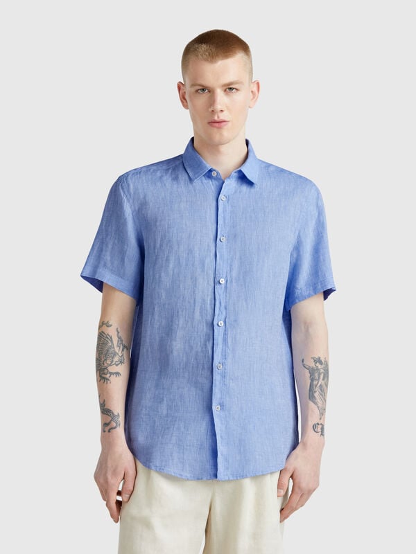 Camisa de manga curta em linho puro Homem
