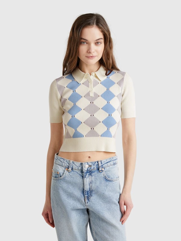 Polo de malha com intársia de losangos Mulher