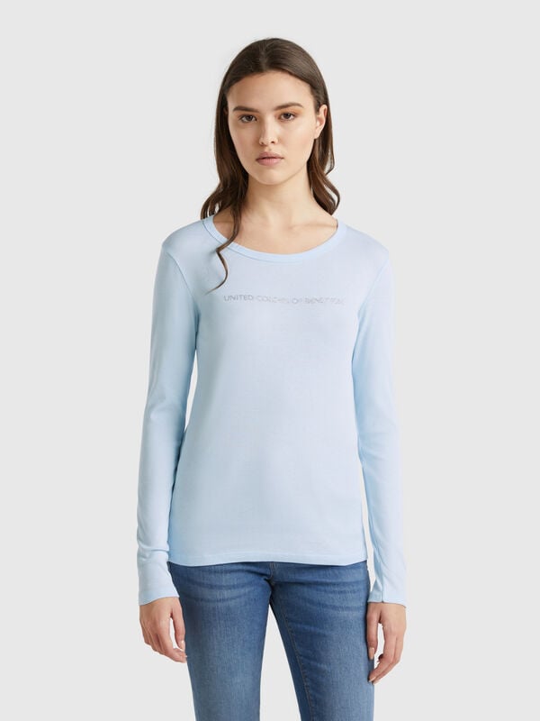T-shirt azul-celeste de manga comprida 100% algodão Mulher