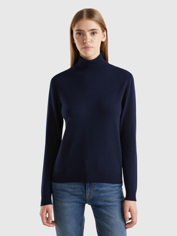 Camisola de gola alta azul-escuro em pura lã Merino Mulher
