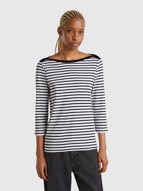 T-shirt 3/4 às riscas em algodão puro Mulher