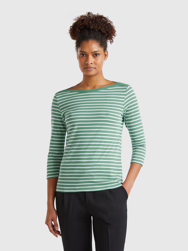 T-shirt 3/4 às riscas em algodão puro Mulher