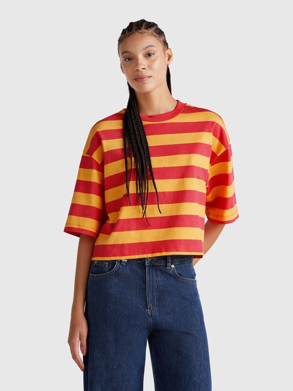 T-shirt às riscas laranja e fúcsia Mulher