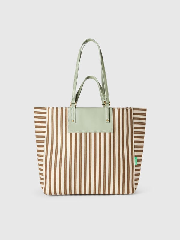 Tote bag às riscas verde e bege Mulher