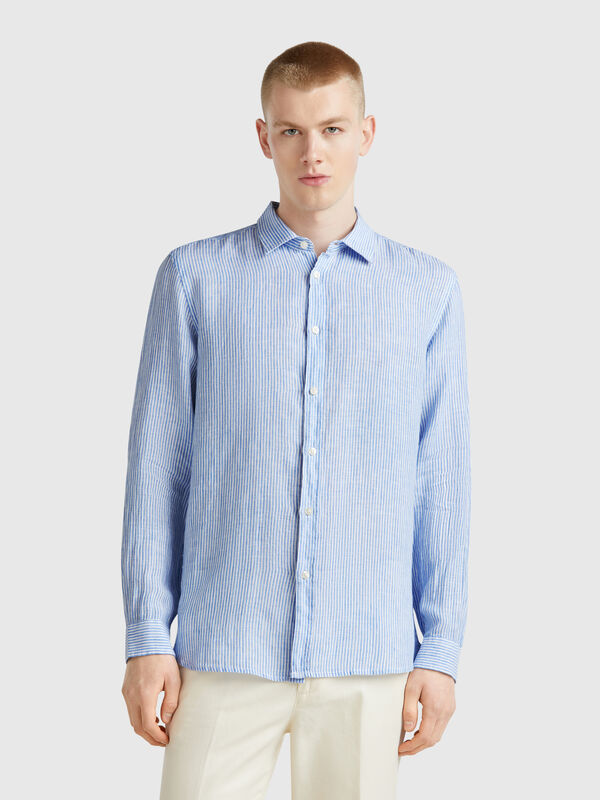 Camisa azul-claro às riscas em linho puro Homem