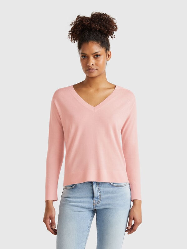 Camisola com decote em V em pura lã Merino Mulher