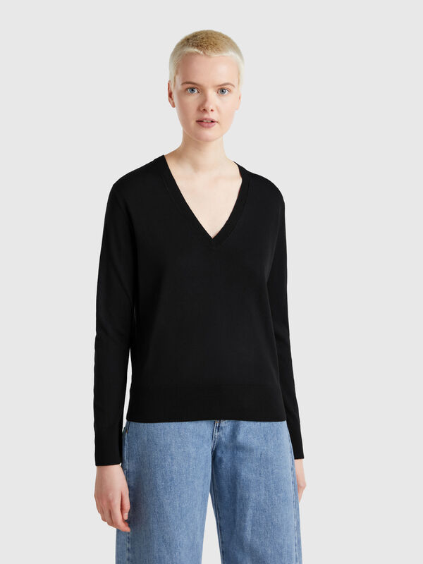 Camisola decote em V em mistura de seda Mulher