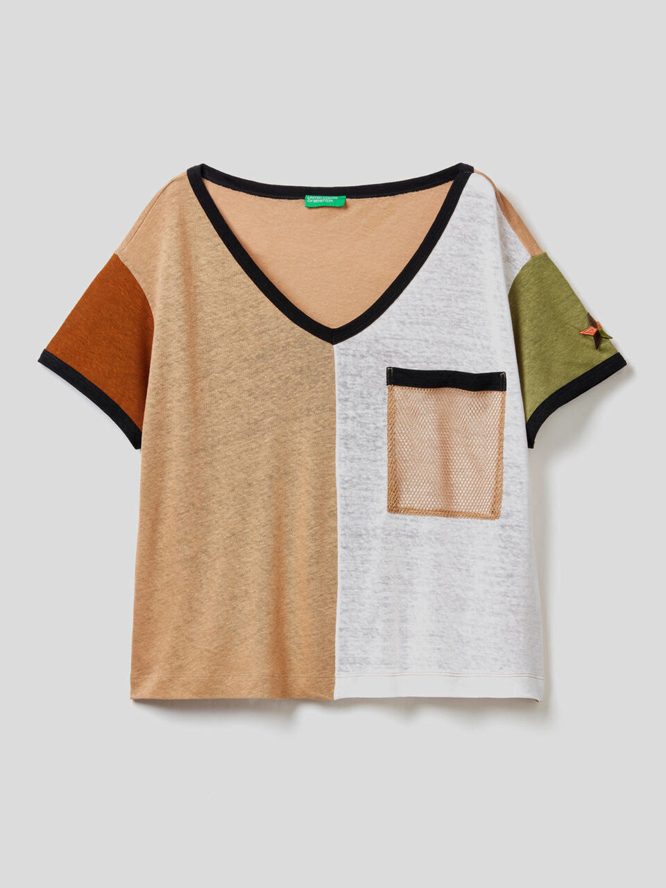 T-shirt color block em mescla de algodão e linho image number 1