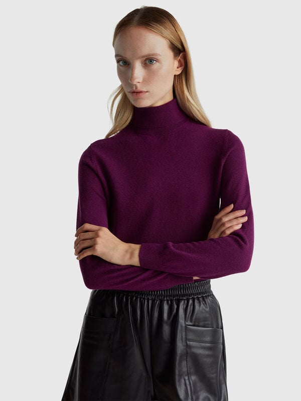 Camisola de gola alta violeta em pura lã Merino Mulher
