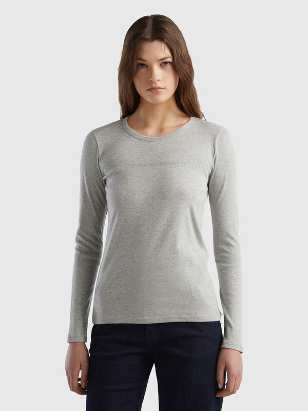 T-shirt cinzenta de manga comprida 100% algodão Mulher
