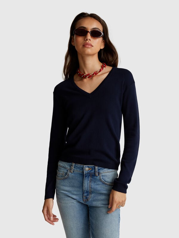 Camisola com decote em V em algodão puro Mulher