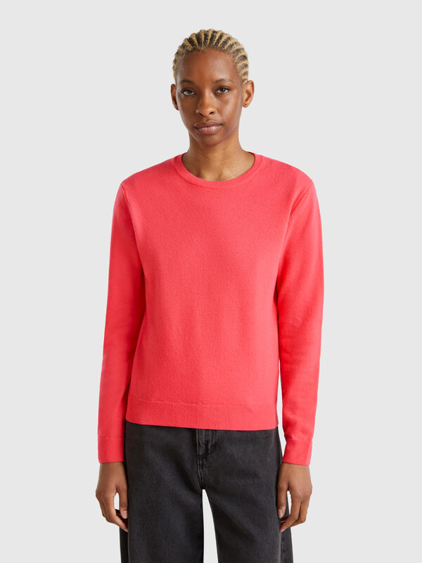 Camisola de gola redonda ciclame em lã Merino Mulher