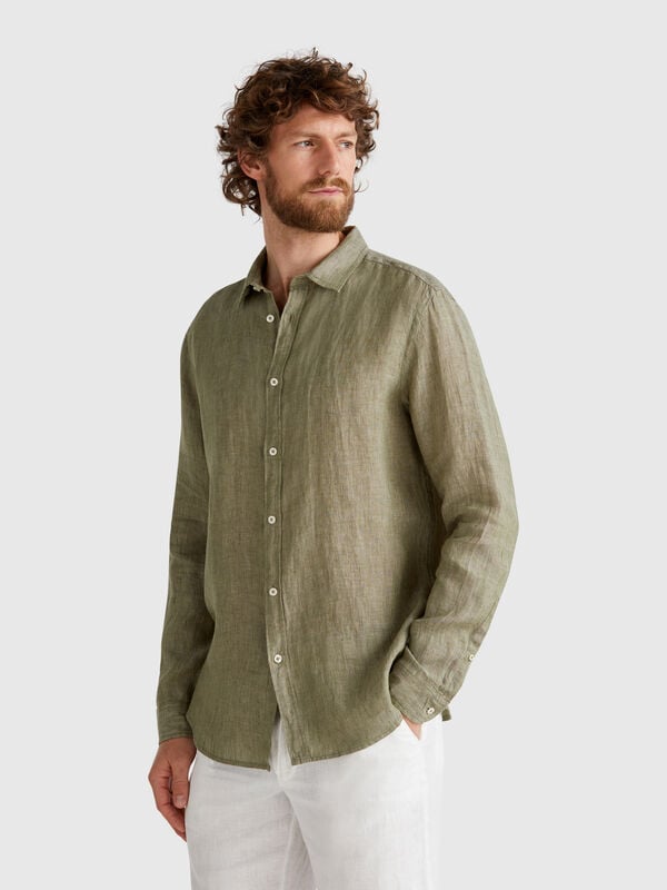 Camisa verde militar em linho puro Homem