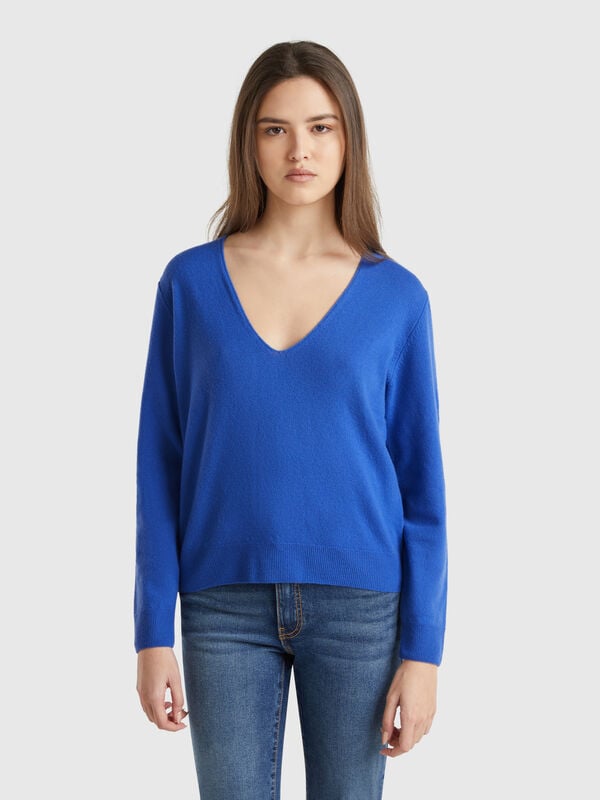 Camisola decote em V em pura lã Merino Mulher