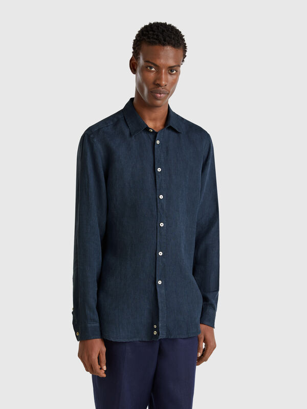 Camisa azul-escuro padrão em linho puro Homem