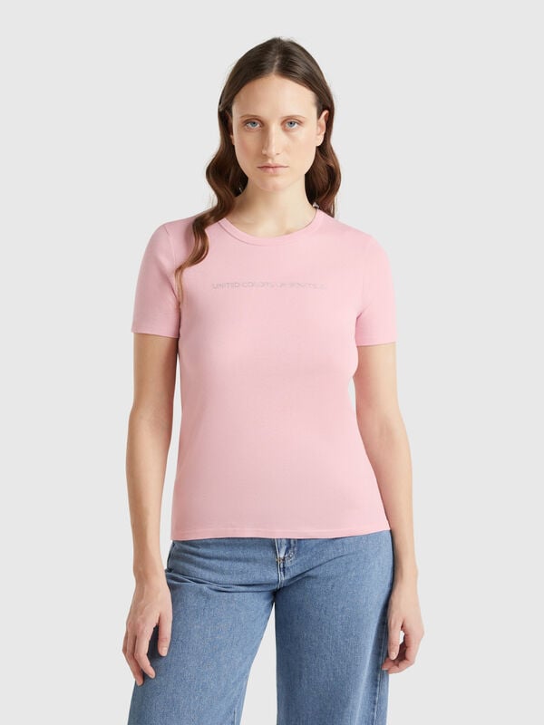 T-shirt 100% algodão com estampa logótipo glitter Mulher