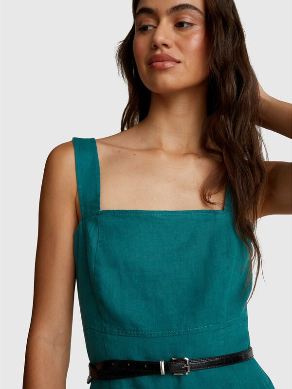 Vestido decote quadrado em linho puro Mulher