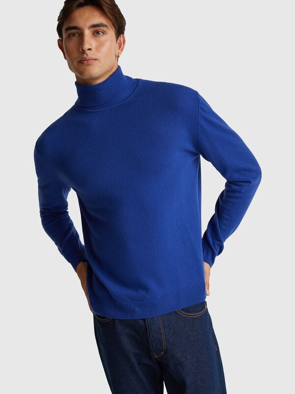 Camisola de gola alta azul bluette em pura lã Merino Homem