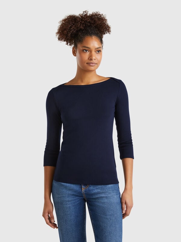 T-shirt com decote à barco 100% algodão Mulher