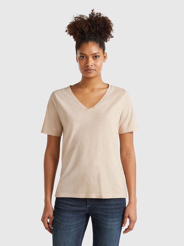 T-shirt decote em V 100% algodão flamé Mulher